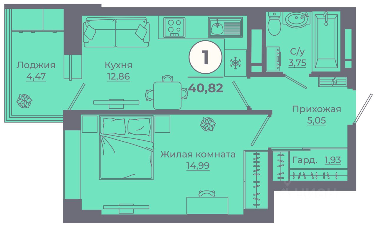 1-комн.кв., 40,7 м², 23/25 этаж
