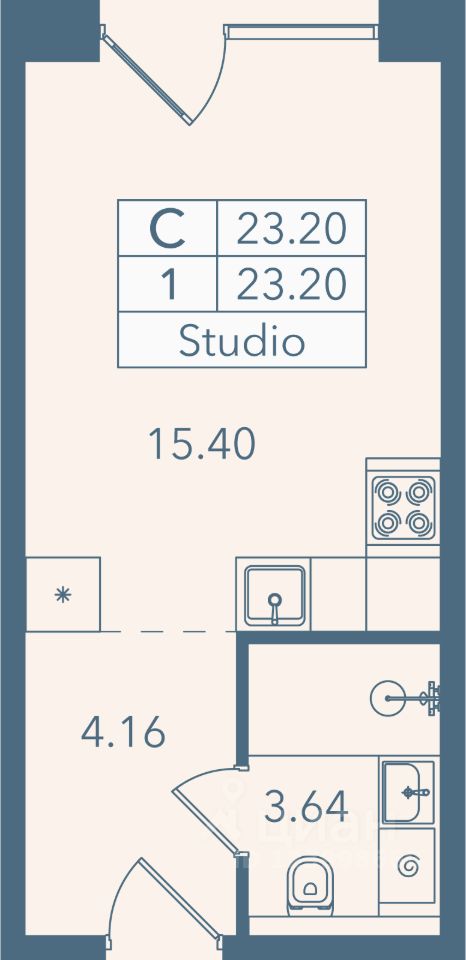 Апарт-студия, 23,2 м², 2/8 этаж