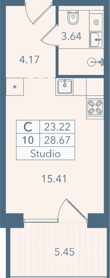 Апарт-студия, 28,7 м², 2/8 этаж