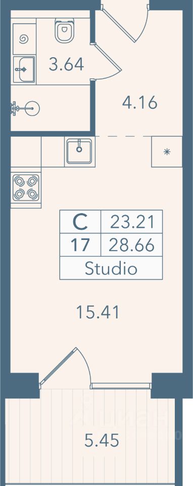 Апарт-студия, 28,7 м², 2/8 этаж