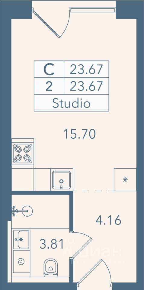 Апарт-студия, 23,7 м², 2/8 этаж