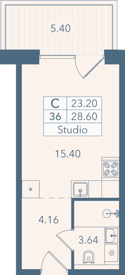 Апарт-студия, 28,6 м², 3/8 этаж