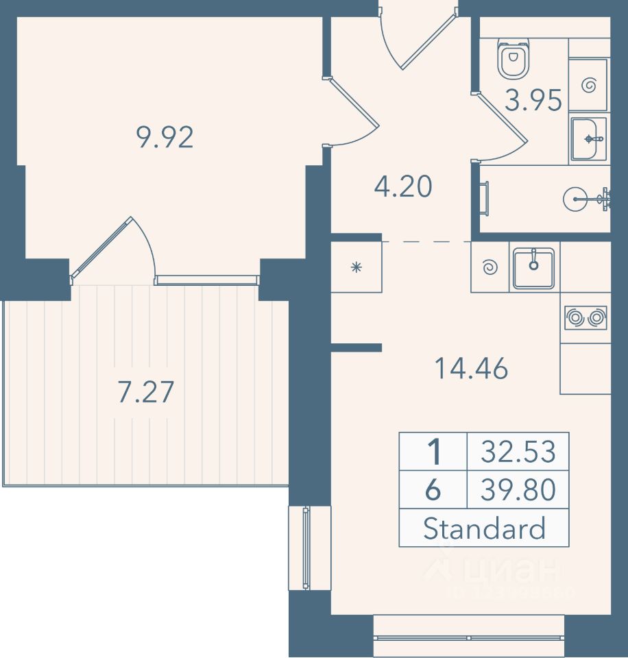 1-комн. апарт., 39,8 м², 2/8 этаж