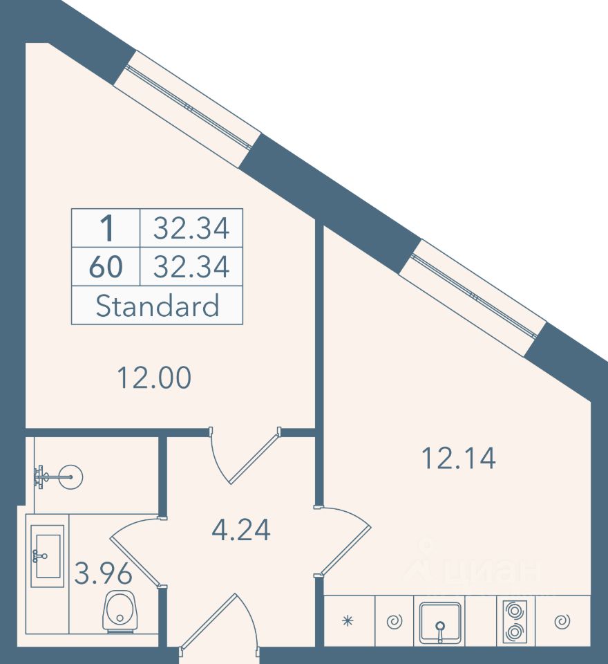 1-комн. апарт., 32,3 м², 3/8 этаж