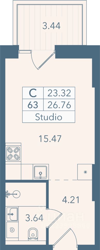 Апарт-студия, 26,8 м², 3/8 этаж