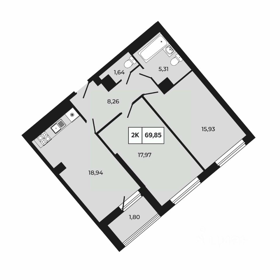 2-комн.кв., 69,8 м², 14/30 этаж