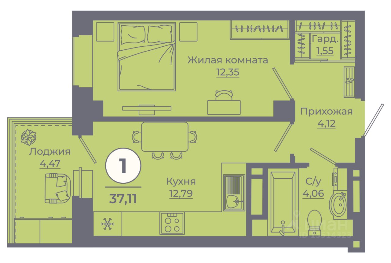1-комн.кв., 36,8 м², 22/24 этаж
