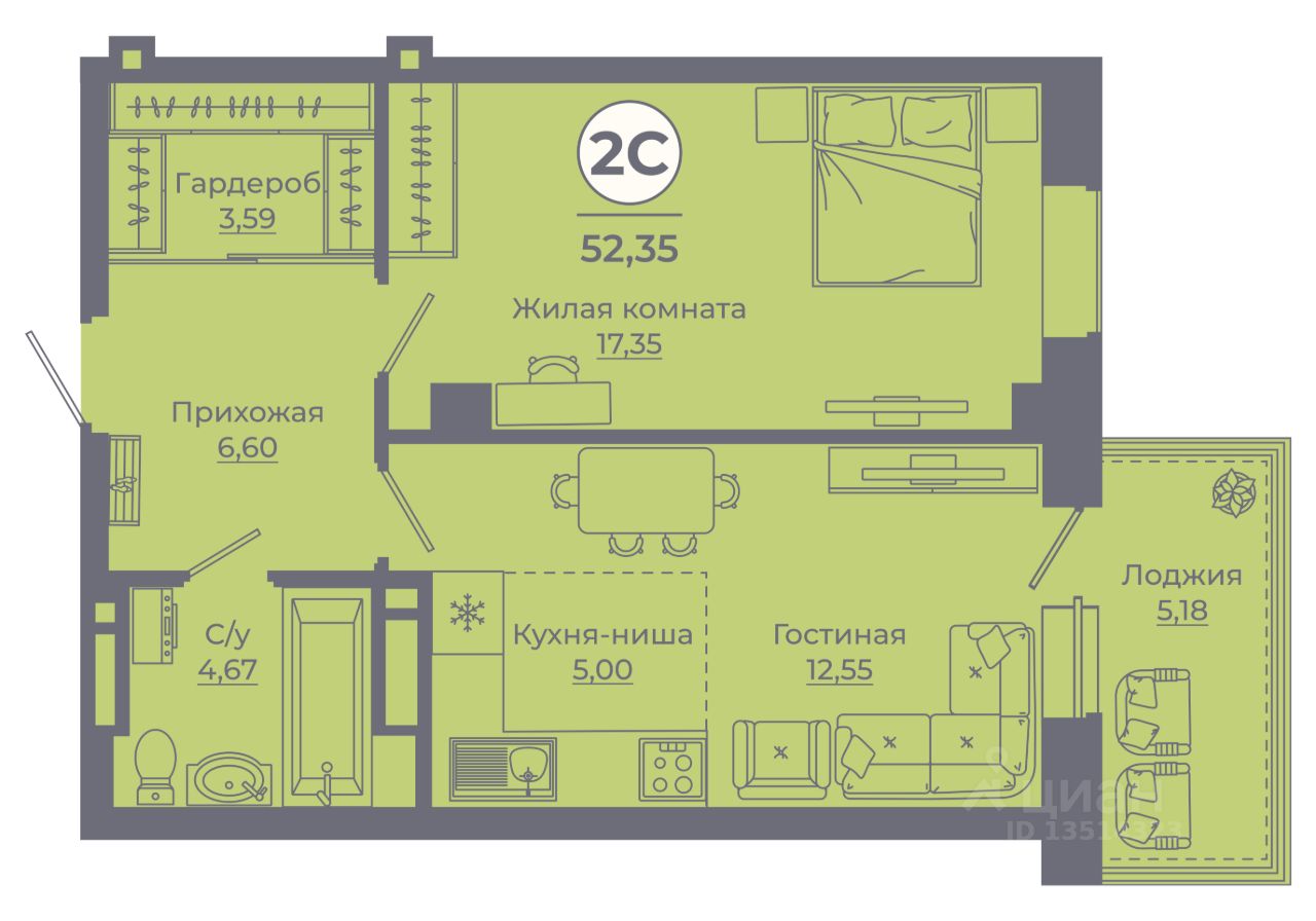 2-комн.кв., 52 м², 22/24 этаж