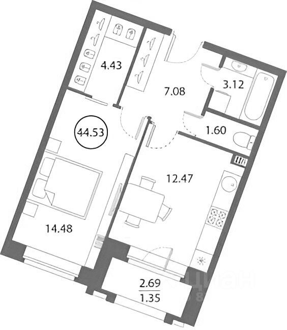 Планировка этой квартиры по данным Циан