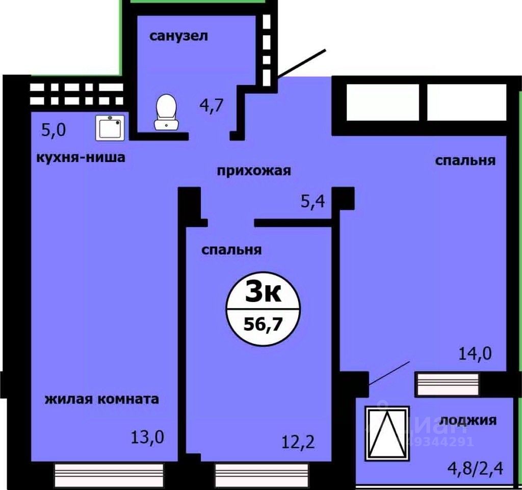 3-комн.кв., 56,5 м², 16/19 этаж