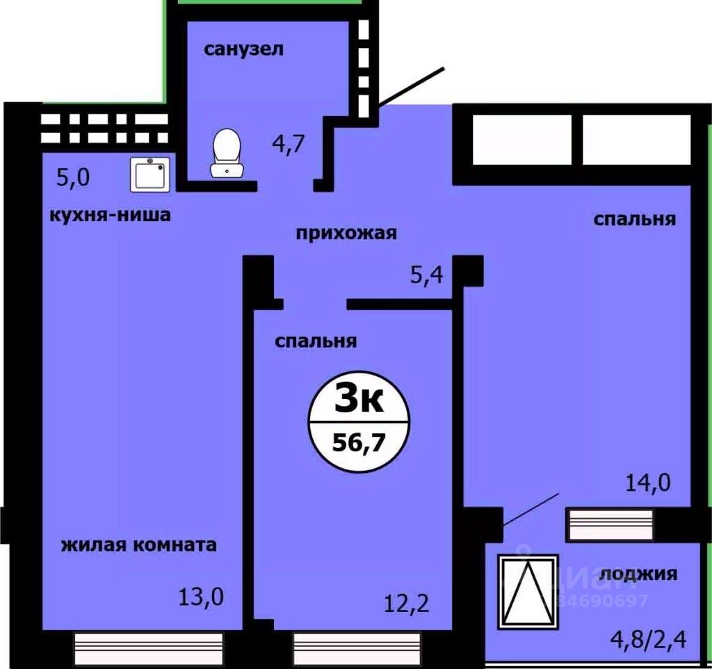 3-комн.кв., 56,1 м², 4/19 этаж