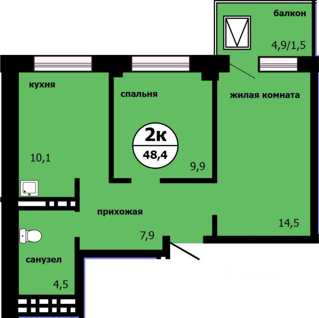 2-комн.кв., 47,8 м², 6/19 этаж