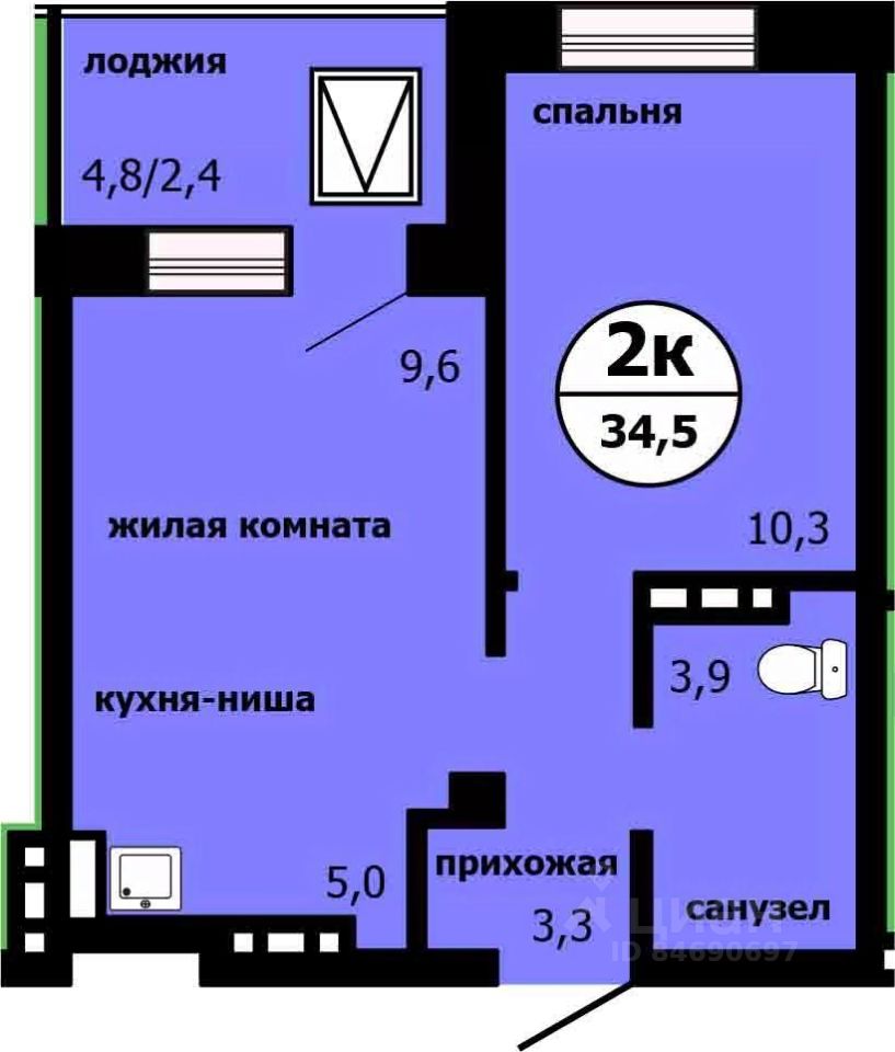 2-комн.кв., 33,7 м², 16/19 этаж