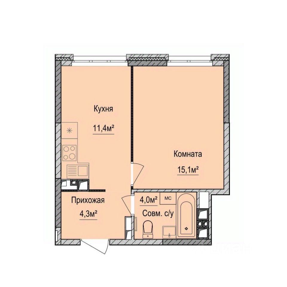 1-комн.кв., 34,7 м², 2/17 этаж