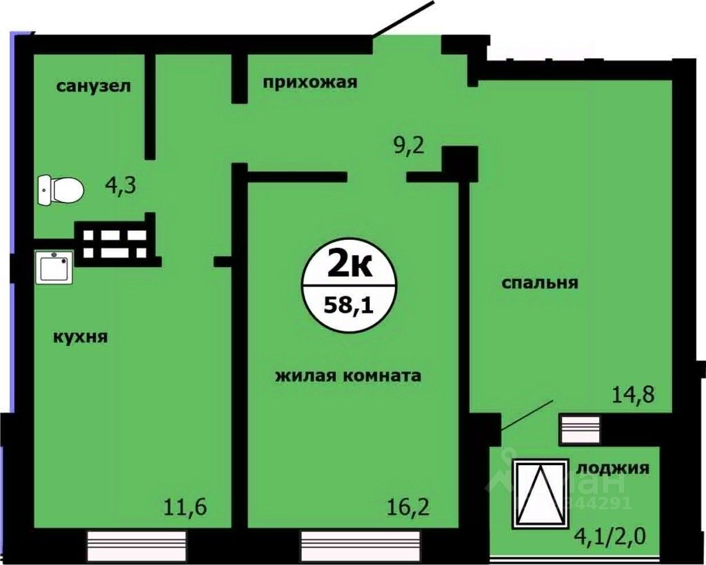 2-комн.кв., 57 м², 4/19 этаж