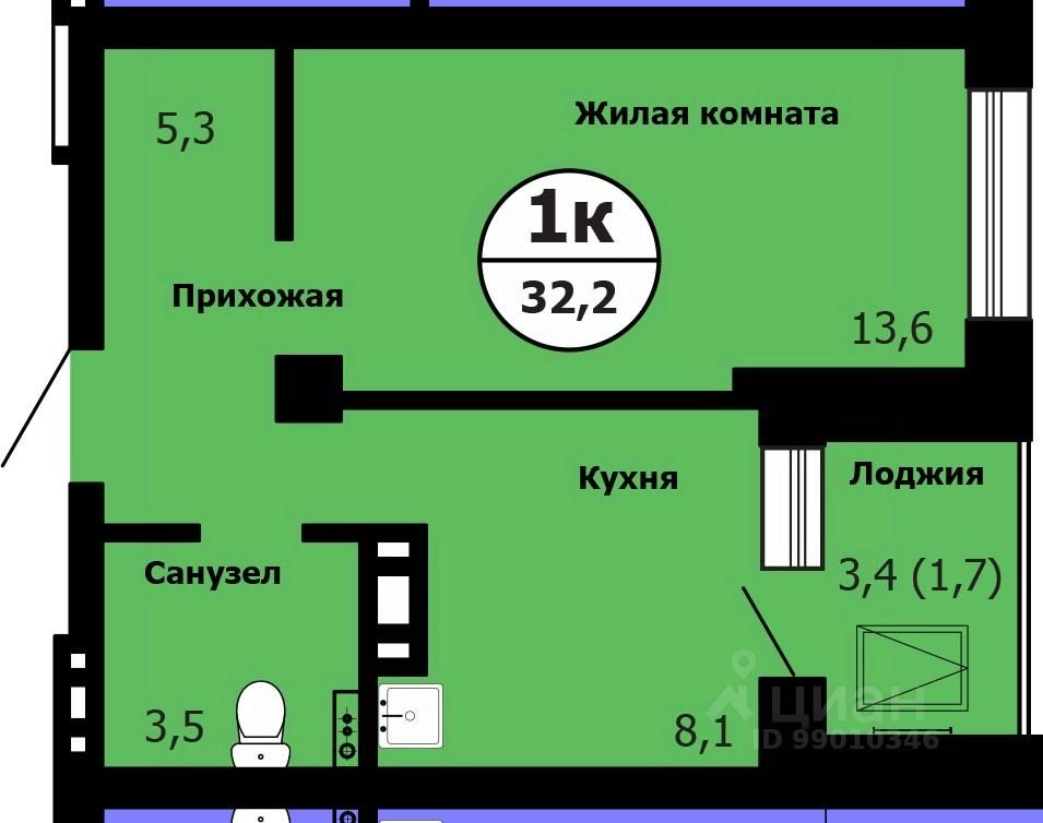 1-комн.кв., 32,5 м², 4/26 этаж