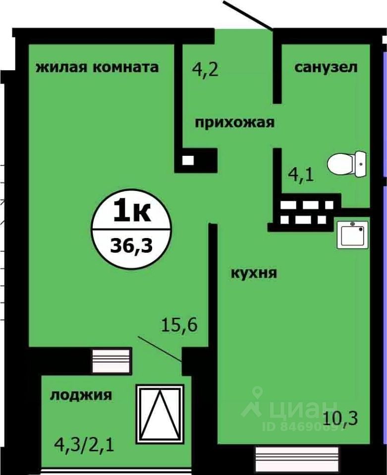 1-комн.кв., 35,8 м², 4/19 этаж