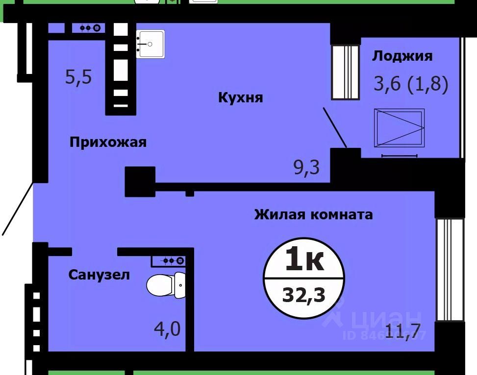 1-комн.кв., 32,9 м², 22/26 этаж
