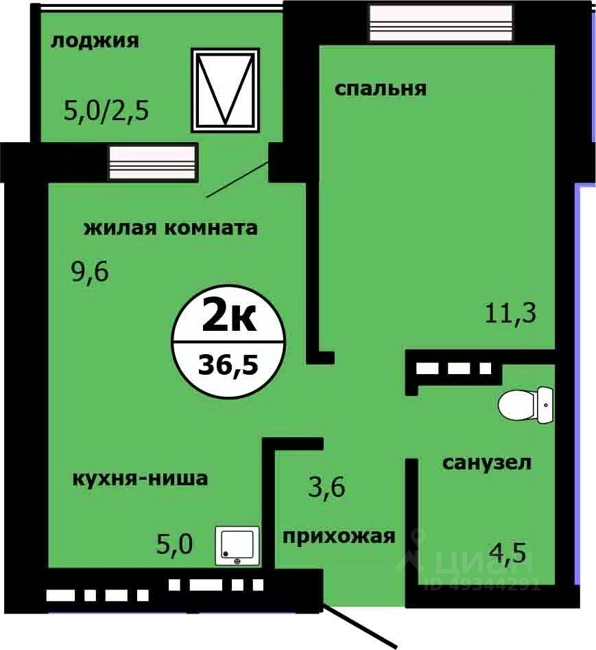 2-комн.кв., 36,1 м², 6/19 этаж