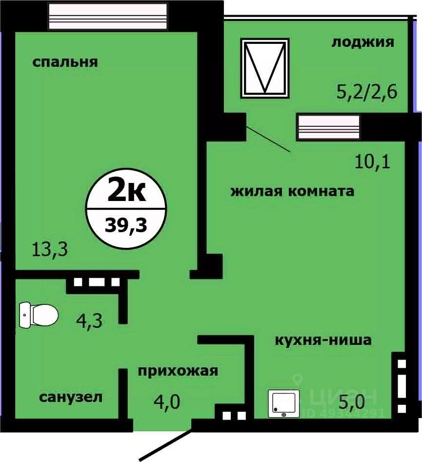 2-комн.кв., 38,5 м², 15/19 этаж