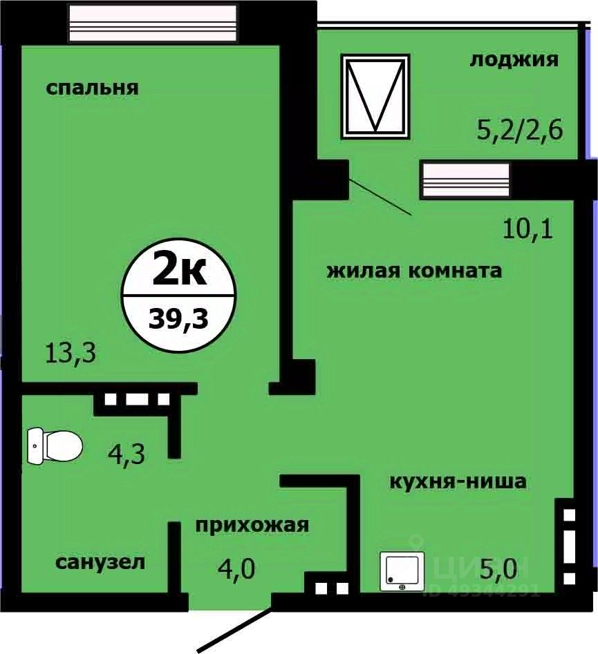 2-комн.кв., 38,5 м², 17/19 этаж