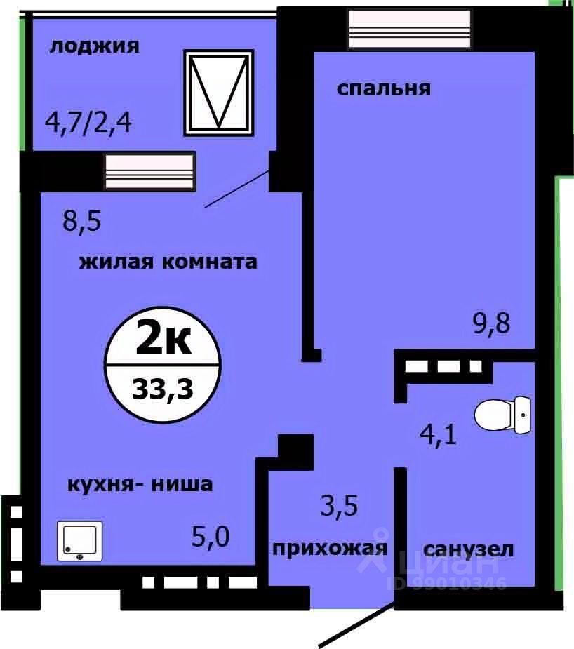 2-комн.кв., 32,7 м², 4/19 этаж
