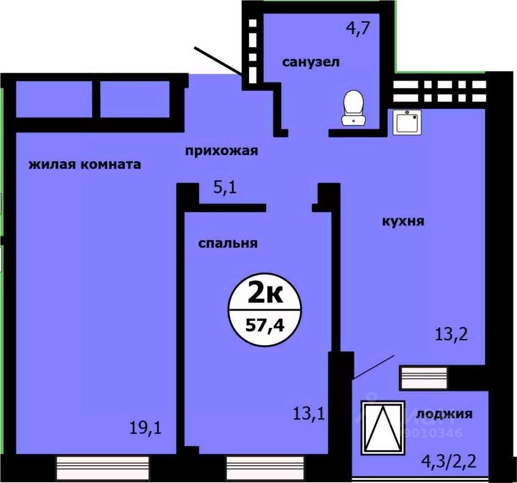 2-комн.кв., 56,6 м², 4/19 этаж