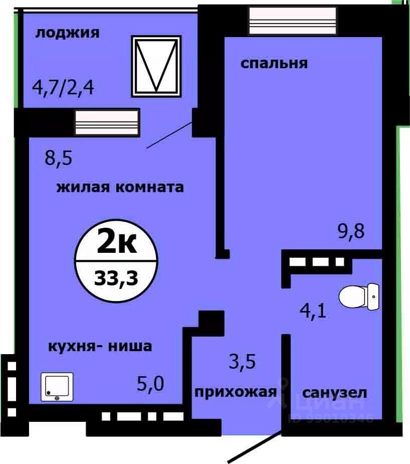 2-комн.кв., 32,6 м², 15/19 этаж