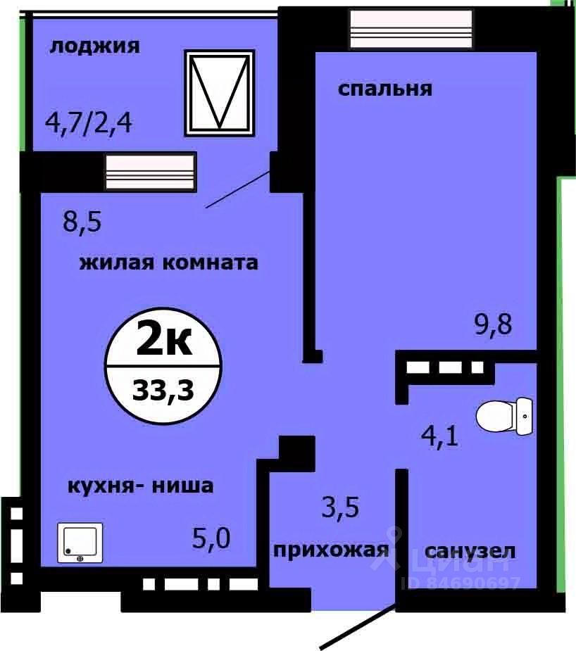 2-комн.кв., 32,7 м², 4/19 этаж
