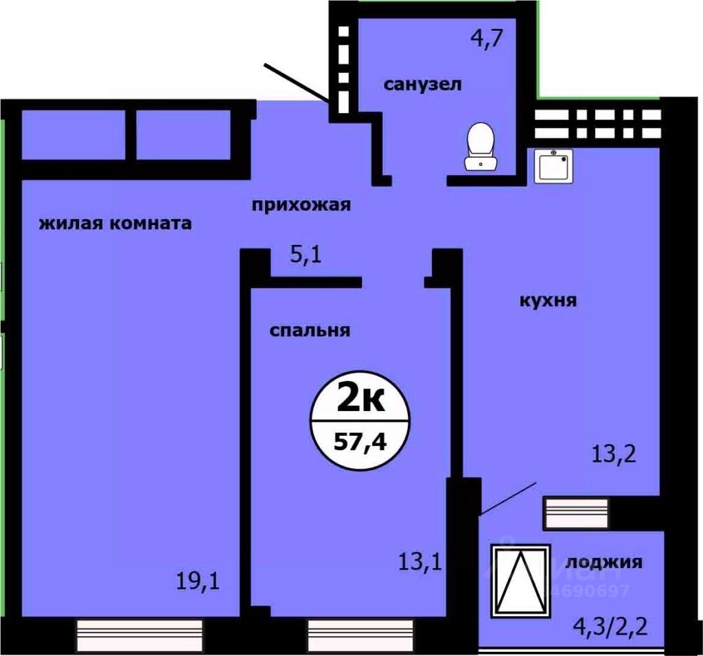 2-комн.кв., 56,6 м², 4/19 этаж