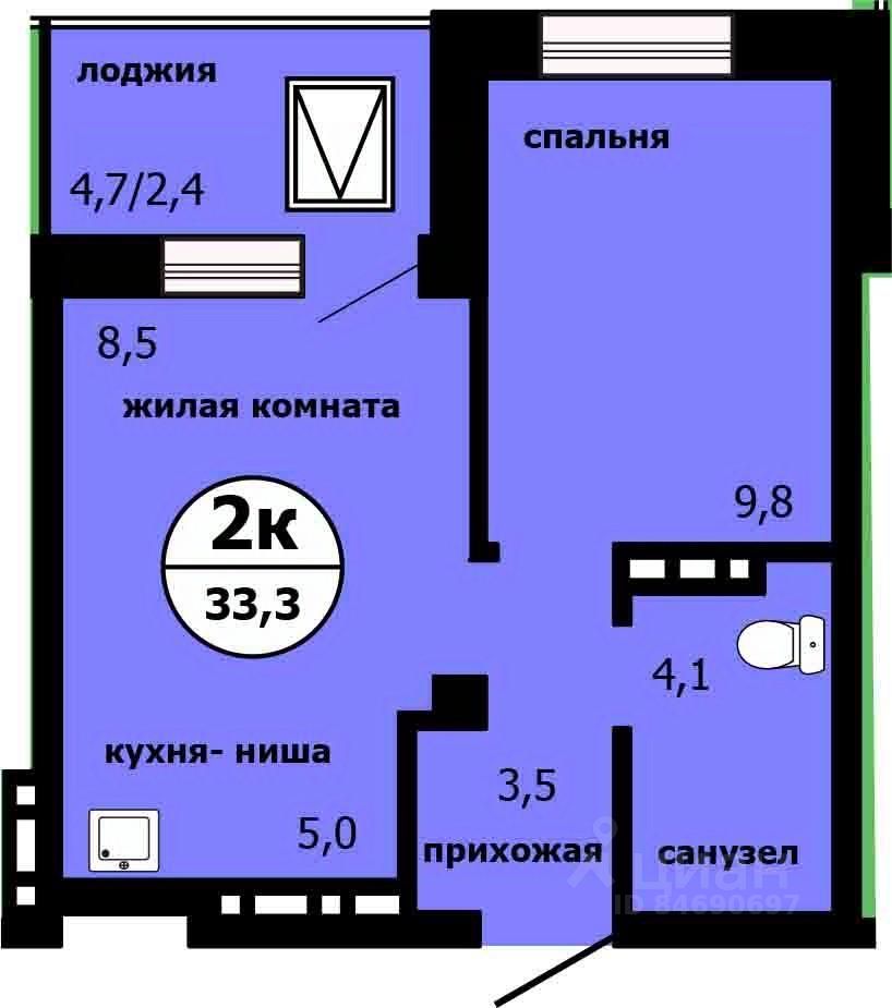 2-комн.кв., 32,5 м², 17/19 этаж