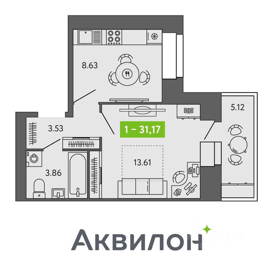 Продаю однокомнатную квартиру 31,2м² Северодвинск, Архангельская область -  база ЦИАН, объявление 278324219