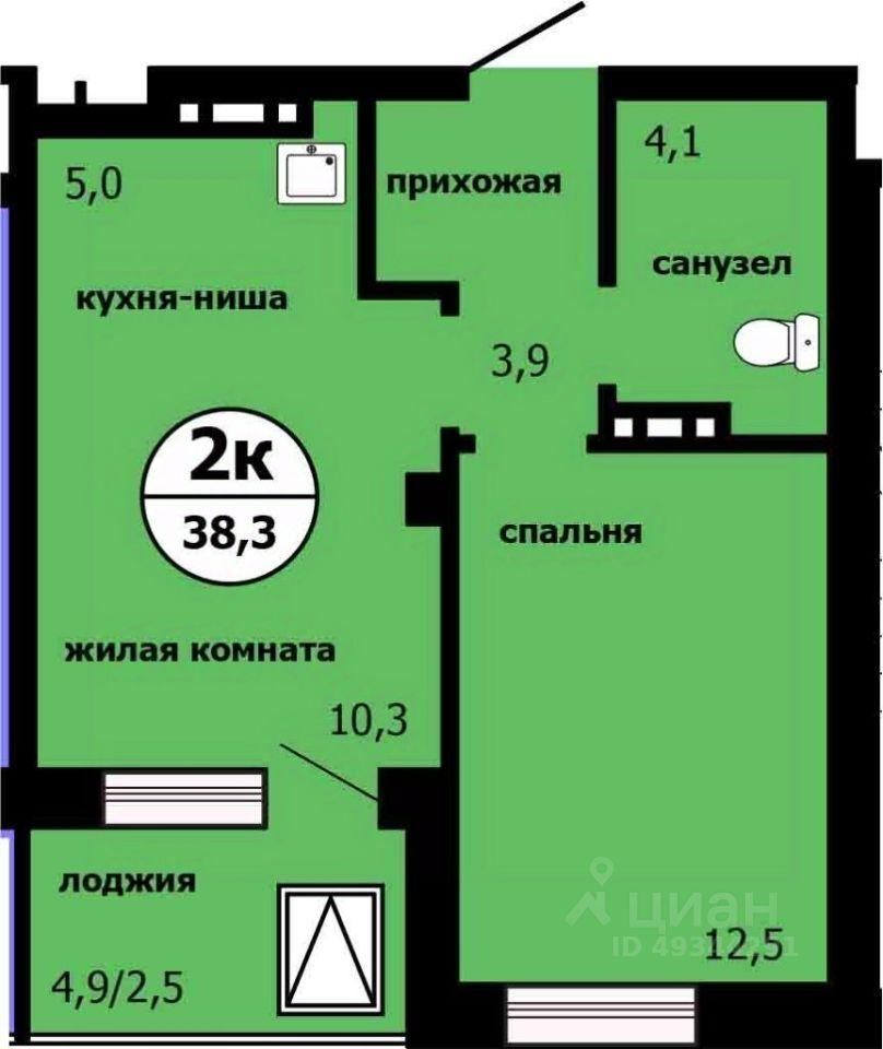 2-комн.кв., 37,6 м², 15/19 этаж