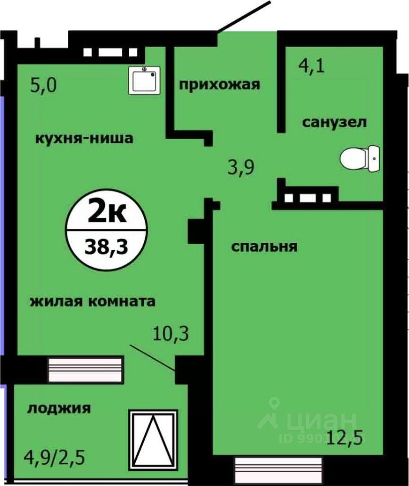 2-комн.кв., 37,8 м², 18/19 этаж