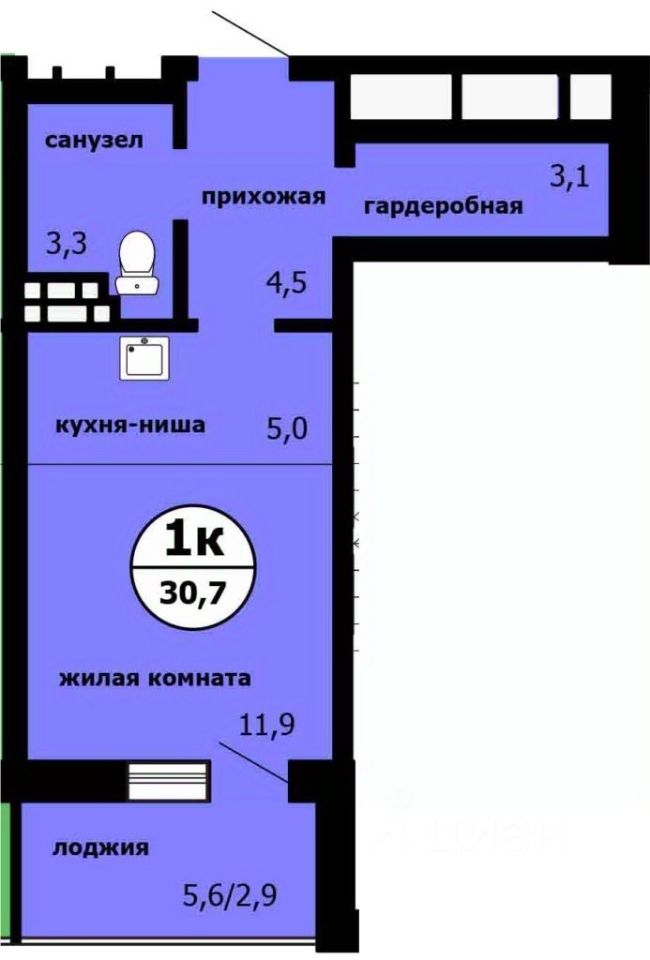 Студия, 30,7 м², 4/9 этаж