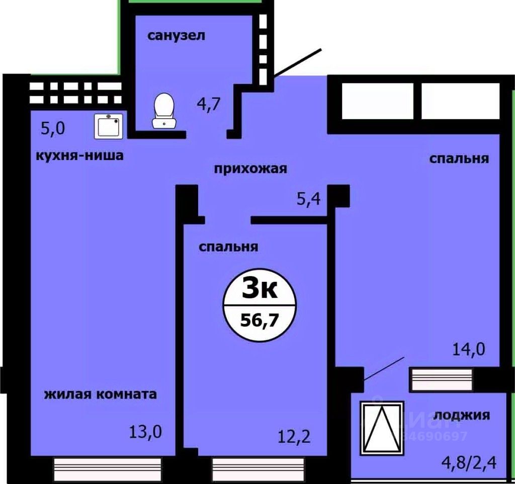 3-комн.кв., 56,3 м², 6/19 этаж