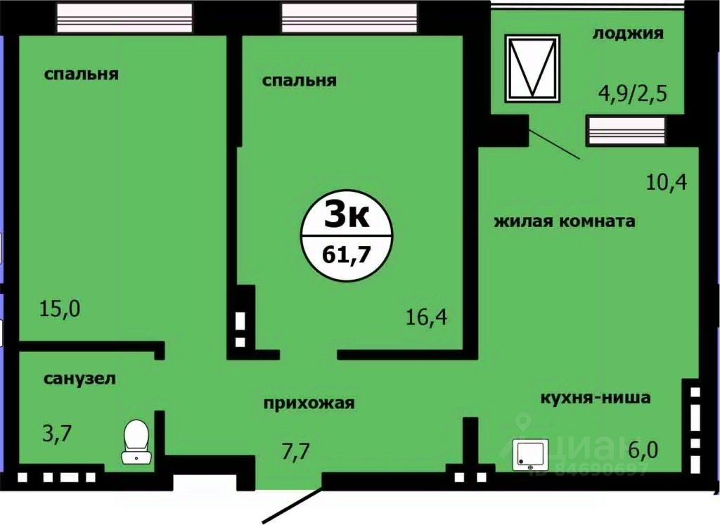3-комн.кв., 61 м², 15/19 этаж