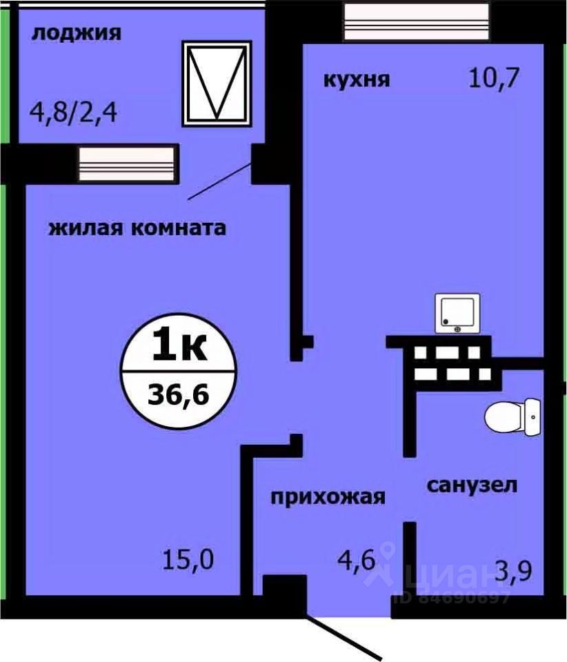 1-комн.кв., 36,2 м², 18/19 этаж