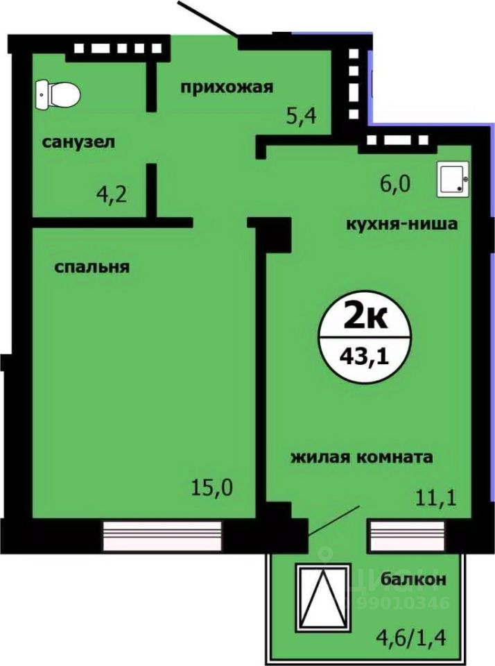 2-комн.кв., 42,3 м², 9/19 этаж