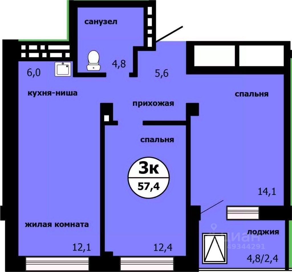 3-комн.кв., 56,2 м², 3/19 этаж