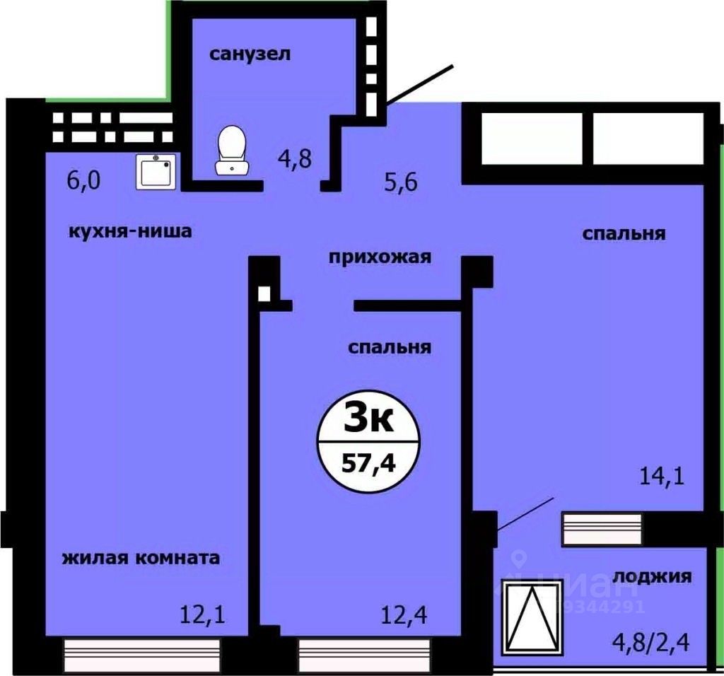 3-комн.кв., 56,2 м², 15/19 этаж