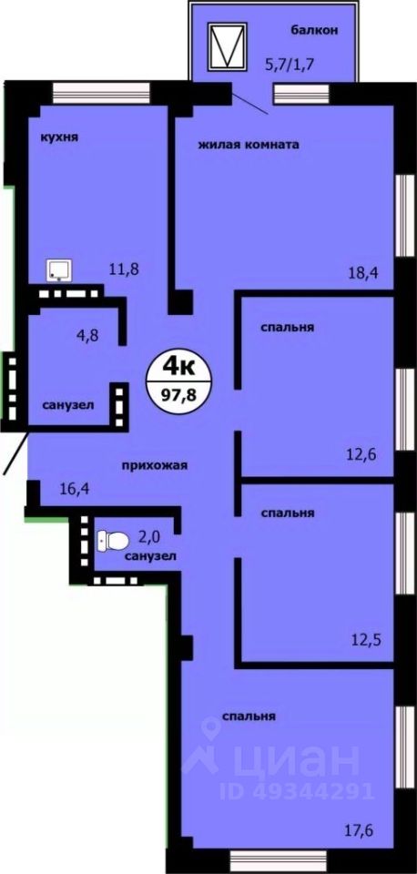 4-комн.кв., 96,4 м², 15/19 этаж