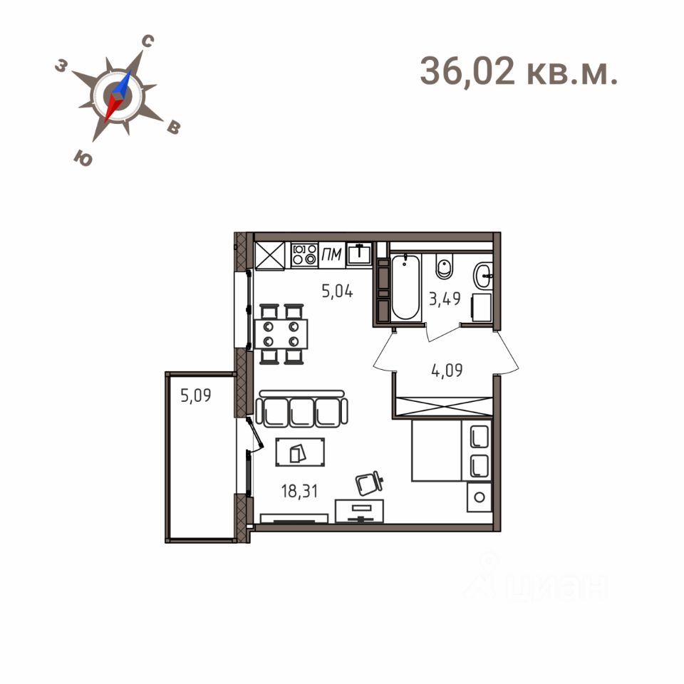 1-комн.кв., 36 м², 1/4 этаж