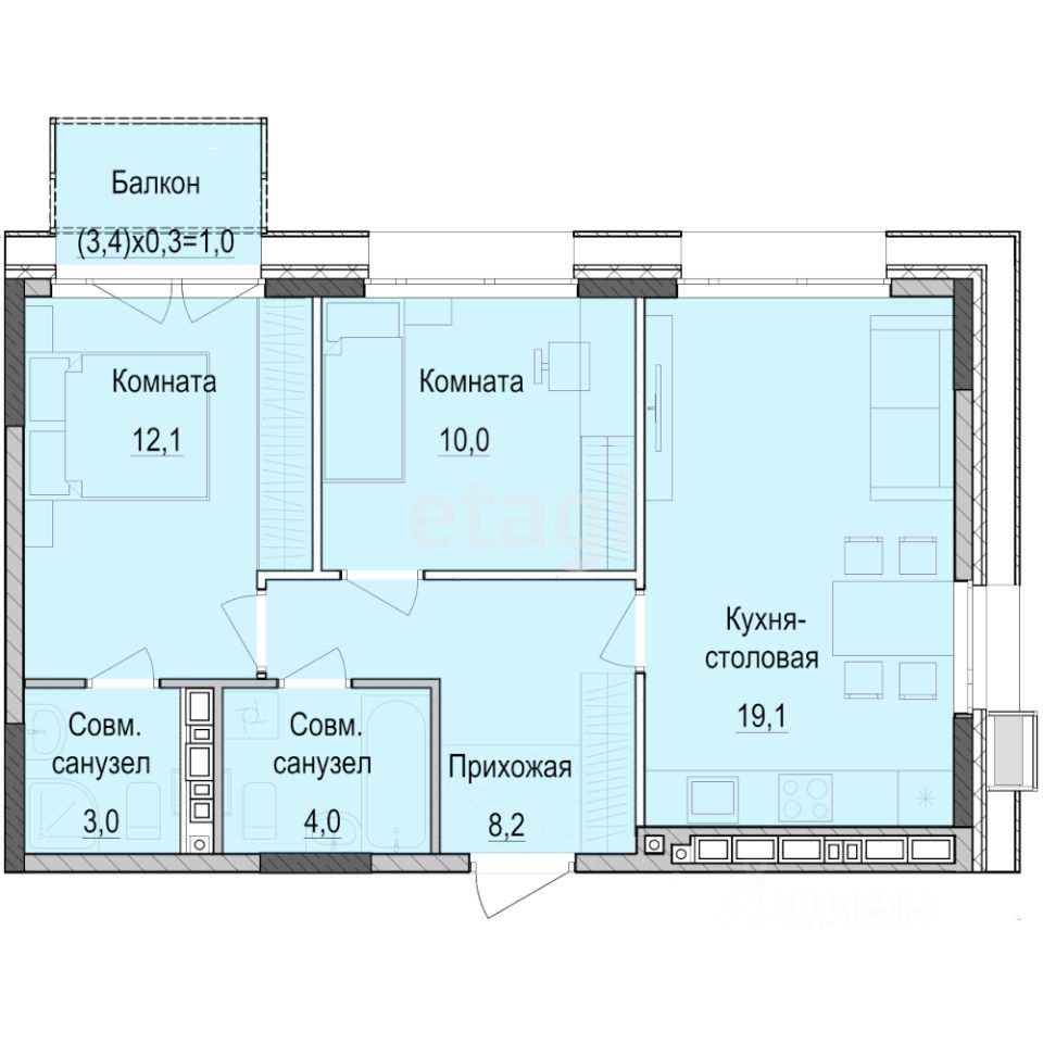2-комн.кв., 57,1 м², 10/18 этаж