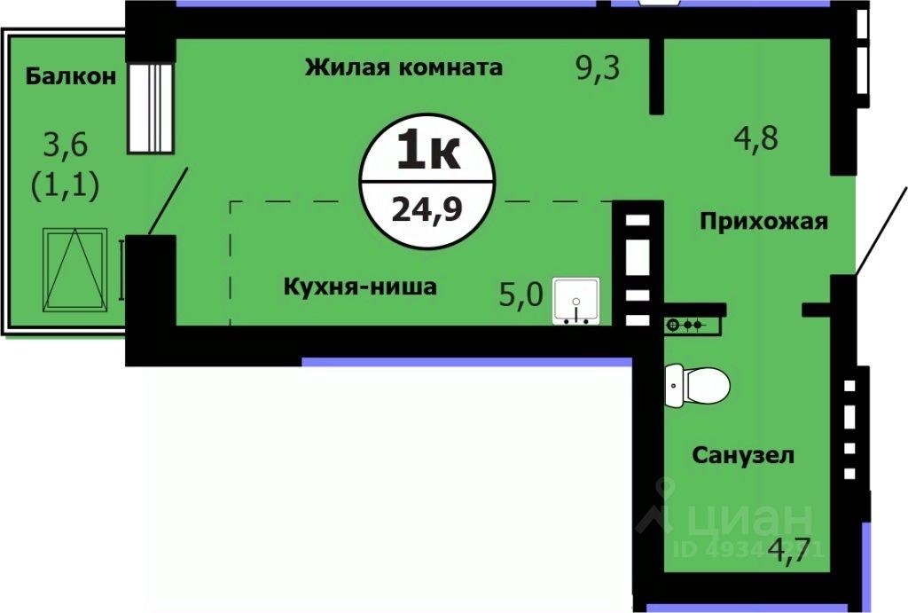 Студия, 25,1 м², 6/26 этаж