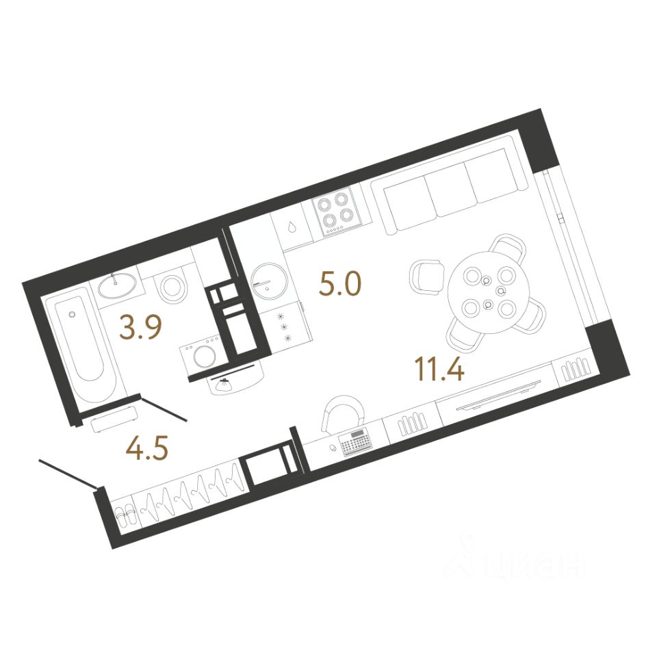 Студия, 24,8 м², 6/12 этаж