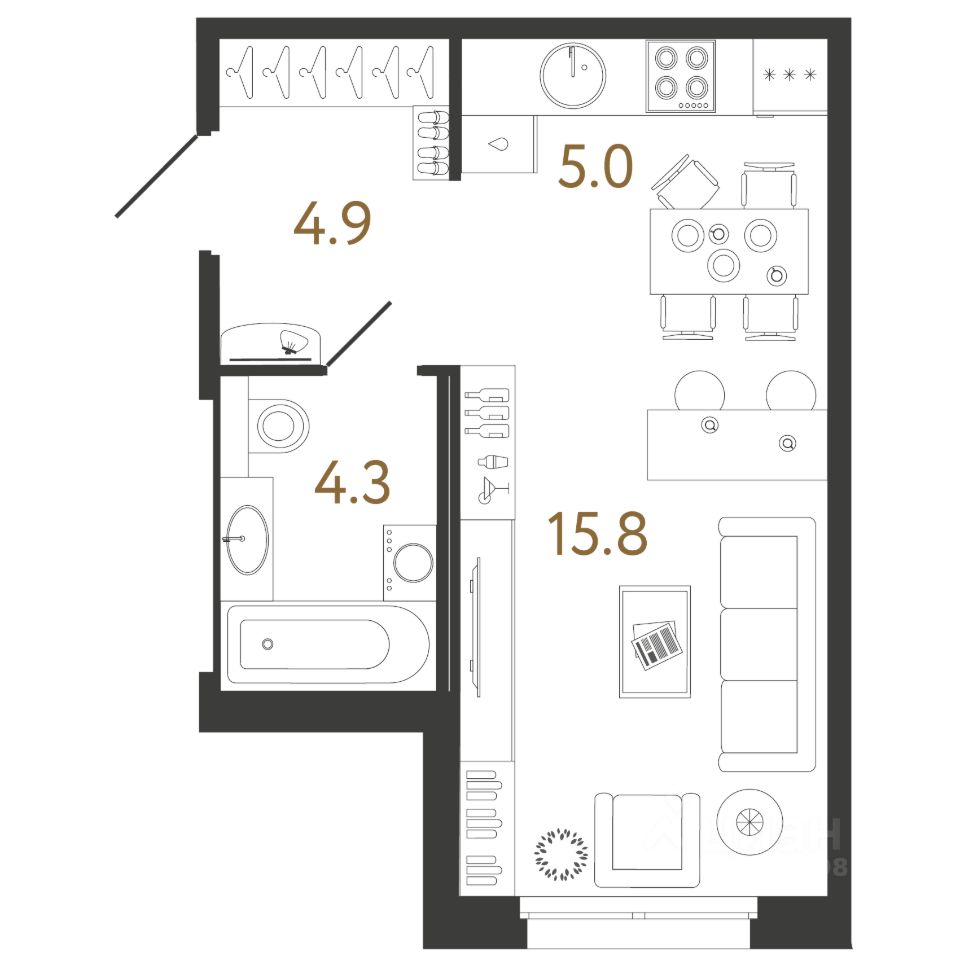 Студия, 30 м², 7/12 этаж