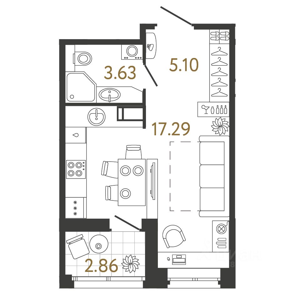 Студия, 26 м², 10/17 этаж