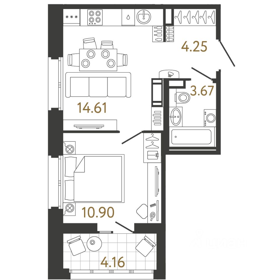 1-комн.кв., 33,4 м², 4/17 этаж