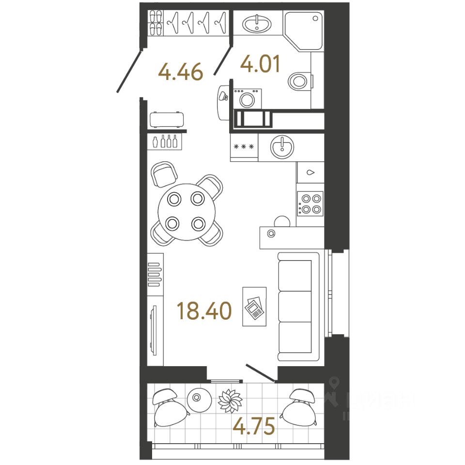Студия, 26,9 м², 9/17 этаж